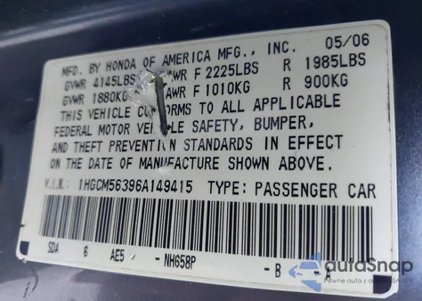 2006 Honda Accord 2.4 Se z USA, uszkodzony, nr VIN 1HGCM56396A149415